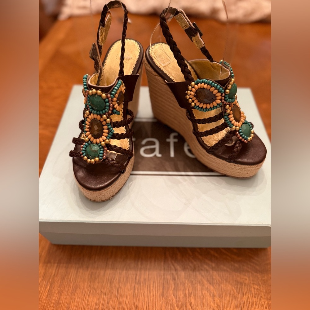Rafe Brown and Green Beaded Wedge Sandals
